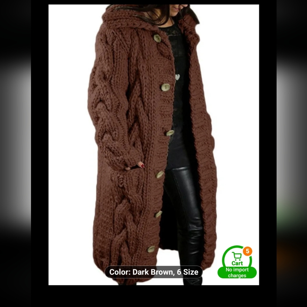 Brand New Chunky Knit Brown Hooded Sweater Coat 2x